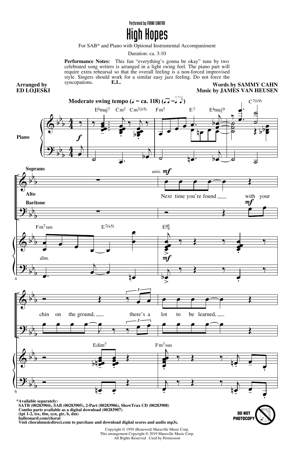 Download Frank Sinatra High Hopes (arr. Ed Lojeski) Sheet Music and learn how to play 2-Part Choir PDF digital score in minutes