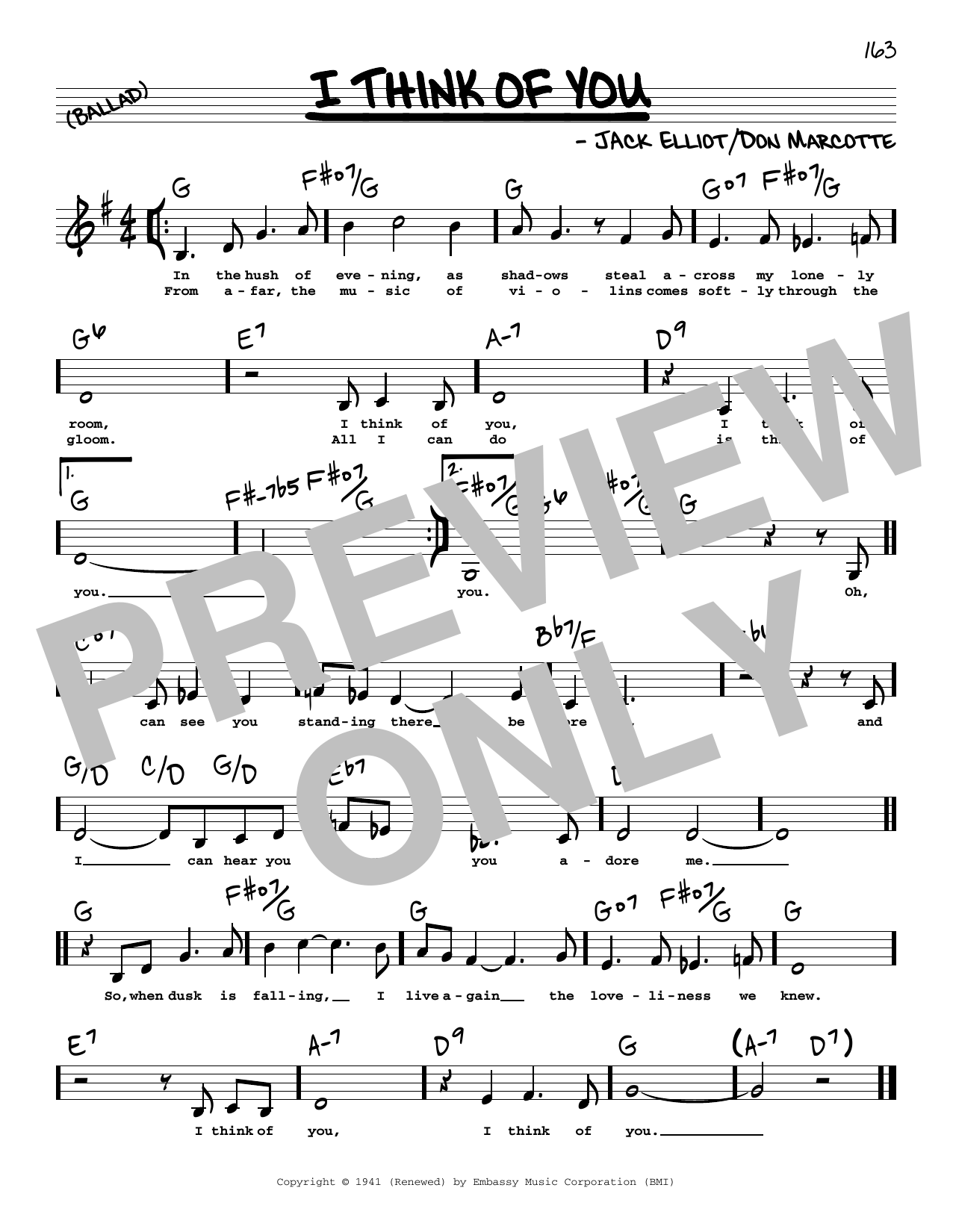 Download Frank Sinatra I Think Of You (Low Voice) Sheet Music and learn how to play Real Book – Melody, Lyrics & Chords PDF digital score in minutes