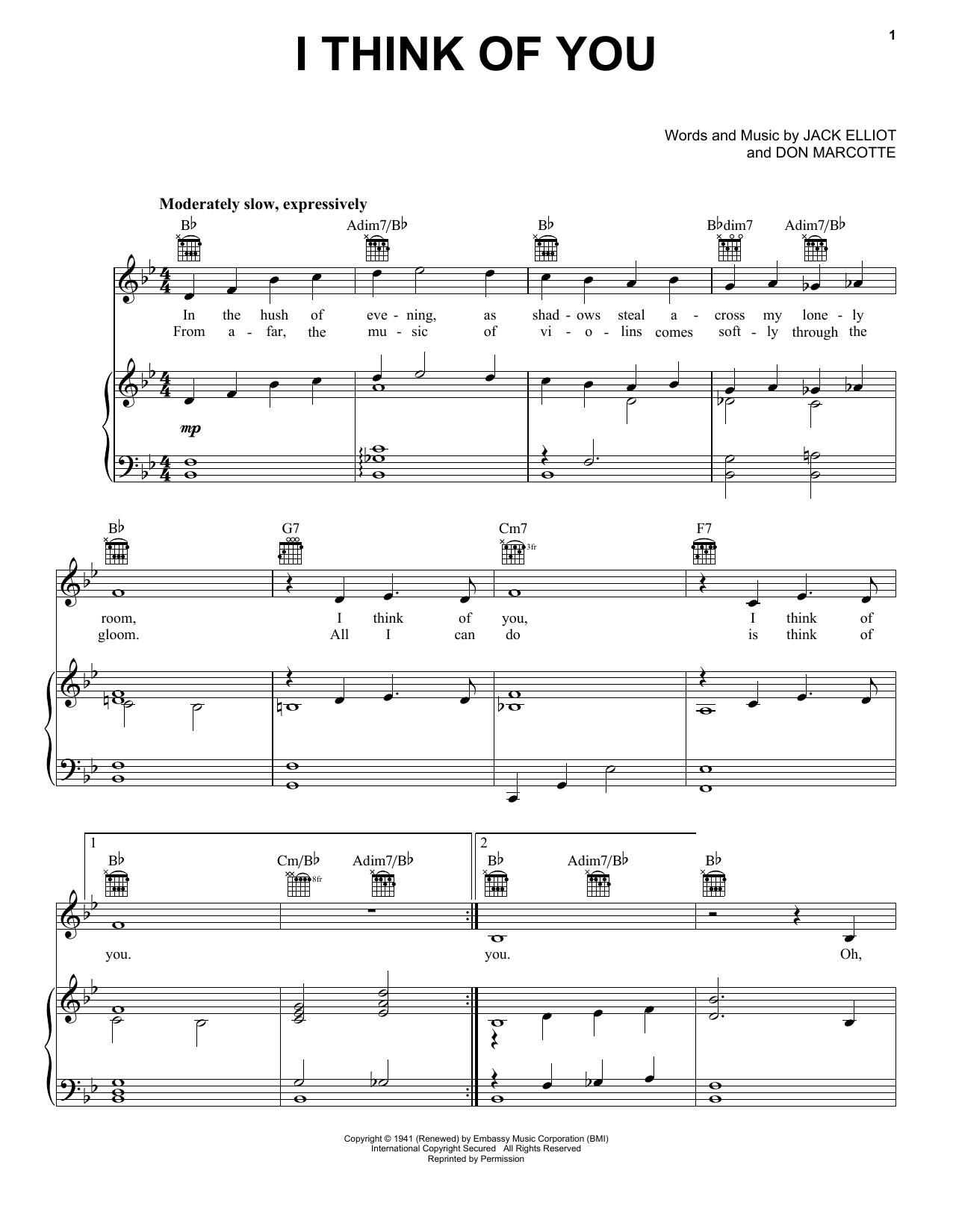 Download Frank Sinatra I Think Of You Sheet Music and learn how to play Piano, Vocal & Guitar (Right-Hand Melody) PDF digital score in minutes