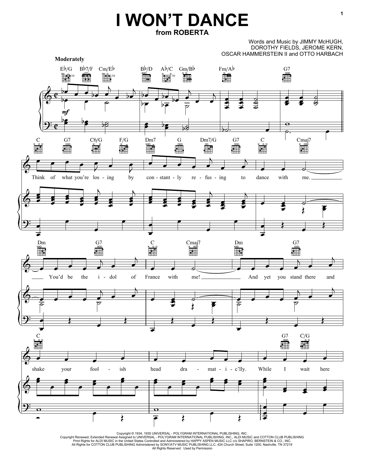Download Frank Sinatra I Won't Dance Sheet Music and learn how to play Piano, Vocal & Guitar (Right-Hand Melody) PDF digital score in minutes