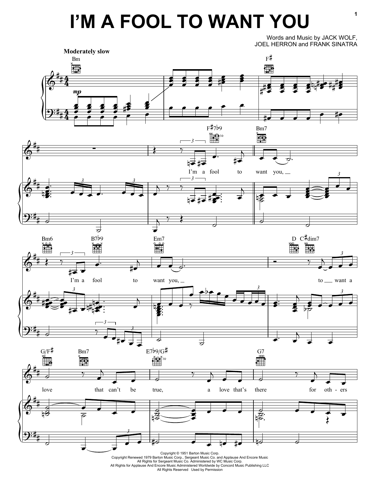 Download Frank Sinatra I'm A Fool To Want You Sheet Music and learn how to play Piano, Vocal & Guitar (Right-Hand Melody) PDF digital score in minutes