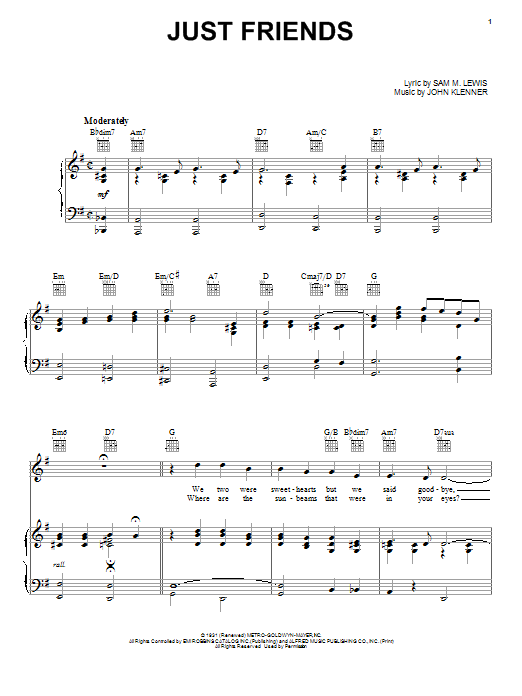 Download Frank Sinatra Just Friends Sheet Music and learn how to play Piano, Vocal & Guitar (Right-Hand Melody) PDF digital score in minutes