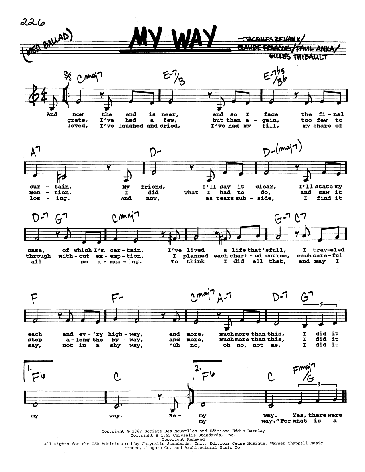 Download Frank Sinatra My Way (Low Voice) Sheet Music and learn how to play Real Book – Melody, Lyrics & Chords PDF digital score in minutes