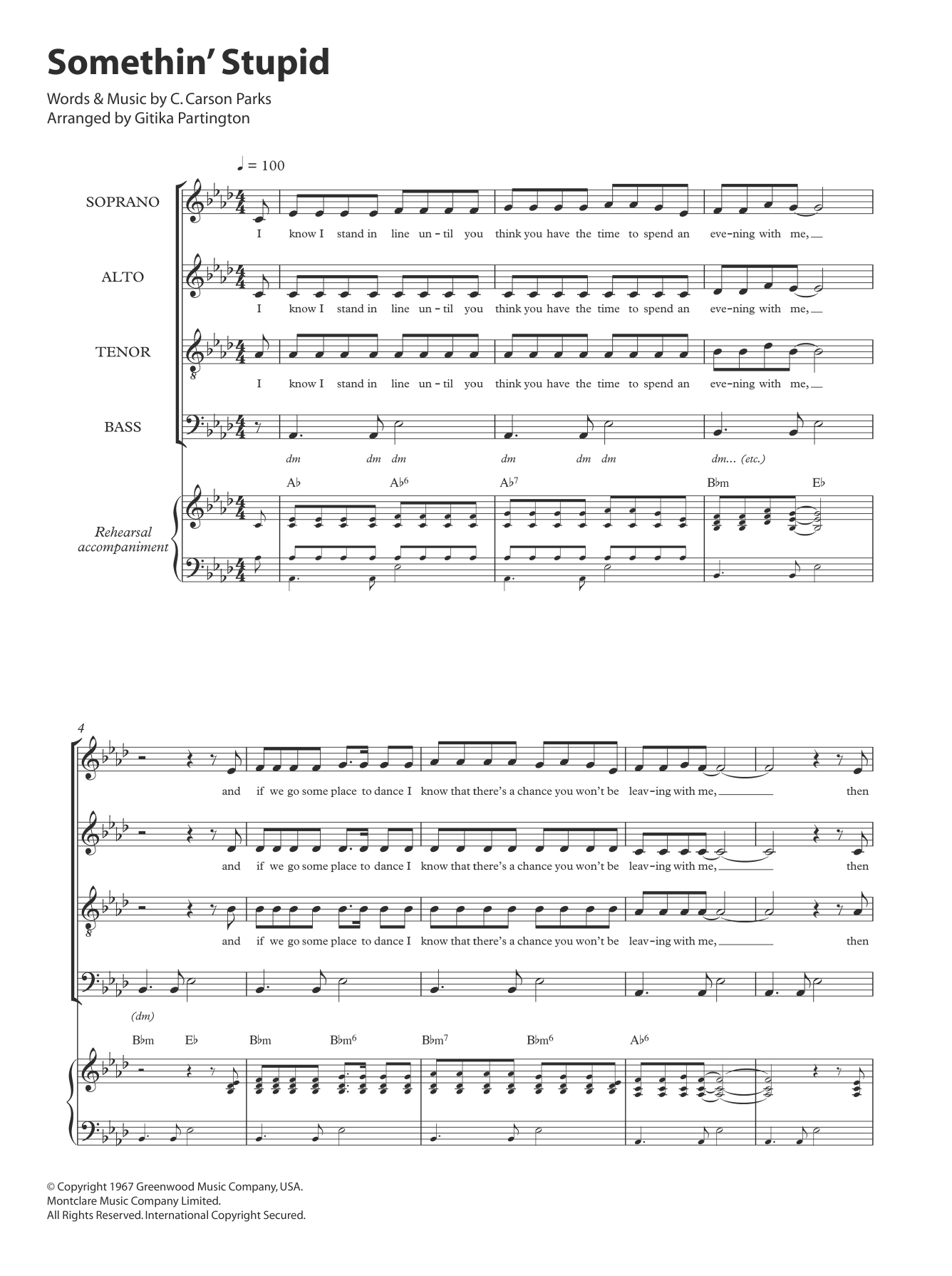 Download Frank Sinatra Somethin' Stupid (arr. Gitika Partington) Sheet Music and learn how to play SATB PDF digital score in minutes