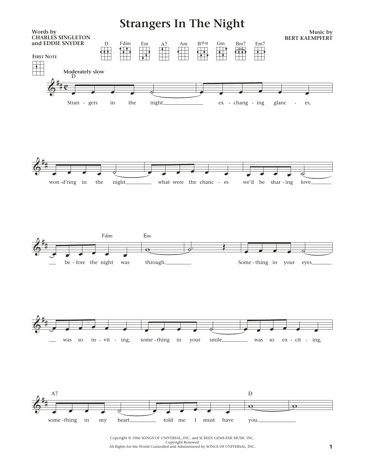 Download Frank Sinatra Strangers In The Night Sheet Music and learn how to play Ukulele PDF digital score in minutes