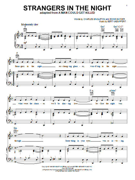 Download Frank Sinatra Strangers In The Night Sheet Music and learn how to play Real Book - Melody, Lyrics & Chords - C Instruments PDF digital score in minutes