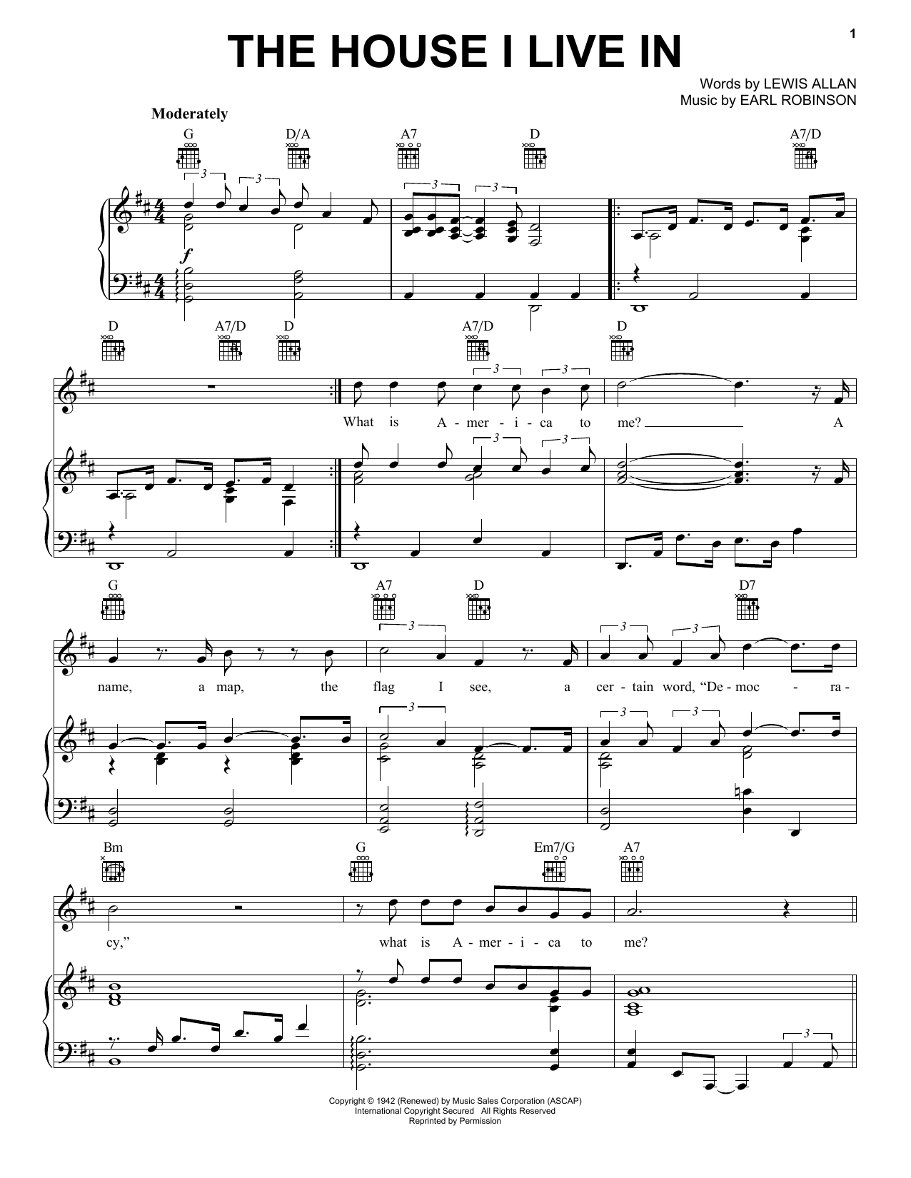 Download Frank Sinatra The House I Live In Sheet Music and learn how to play Piano, Vocal & Guitar (Right-Hand Melody) PDF digital score in minutes