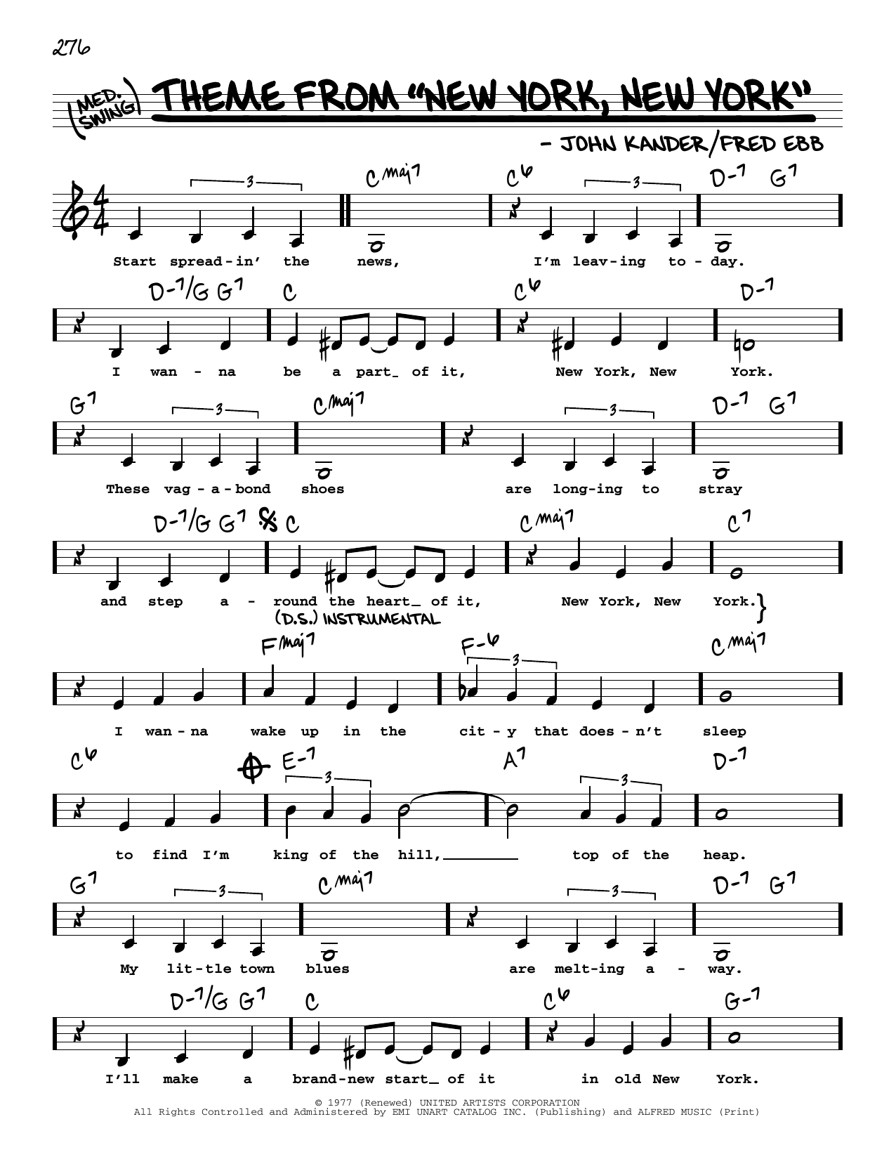 Download Frank Sinatra Theme from New York, New York (Low Voice) Sheet Music and learn how to play Real Book – Melody, Lyrics & Chords PDF digital score in minutes