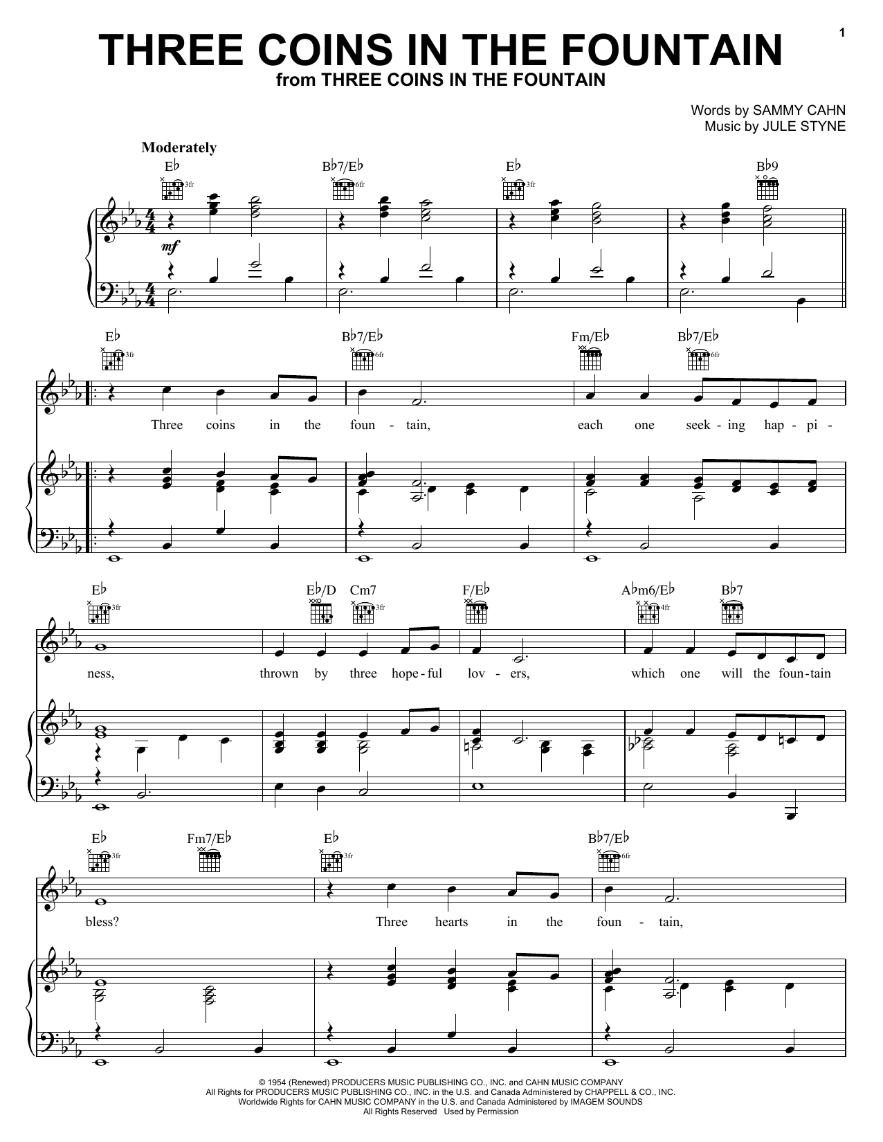 Download Frank Sinatra Three Coins In The Fountain Sheet Music and learn how to play Piano, Vocal & Guitar (Right-Hand Melody) PDF digital score in minutes