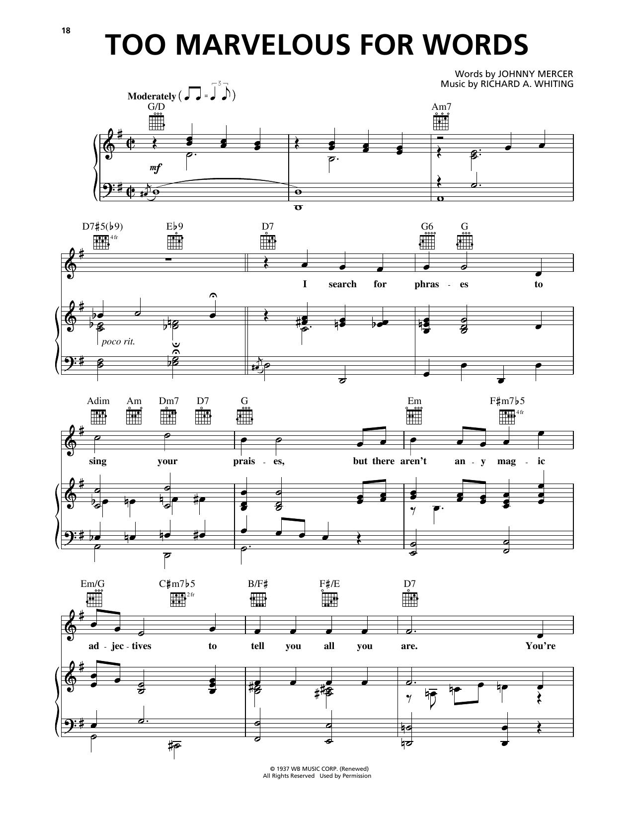 Download Frank Sinatra Too Marvelous For Words Sheet Music and learn how to play Piano, Vocal & Guitar Chords (Right-Hand Melody) PDF digital score in minutes