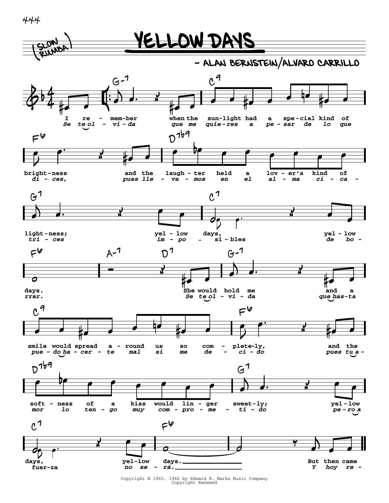 Download Frank Sinatra Yellow Days (High Voice) Sheet Music and learn how to play Real Book – Melody, Lyrics & Chords PDF digital score in minutes