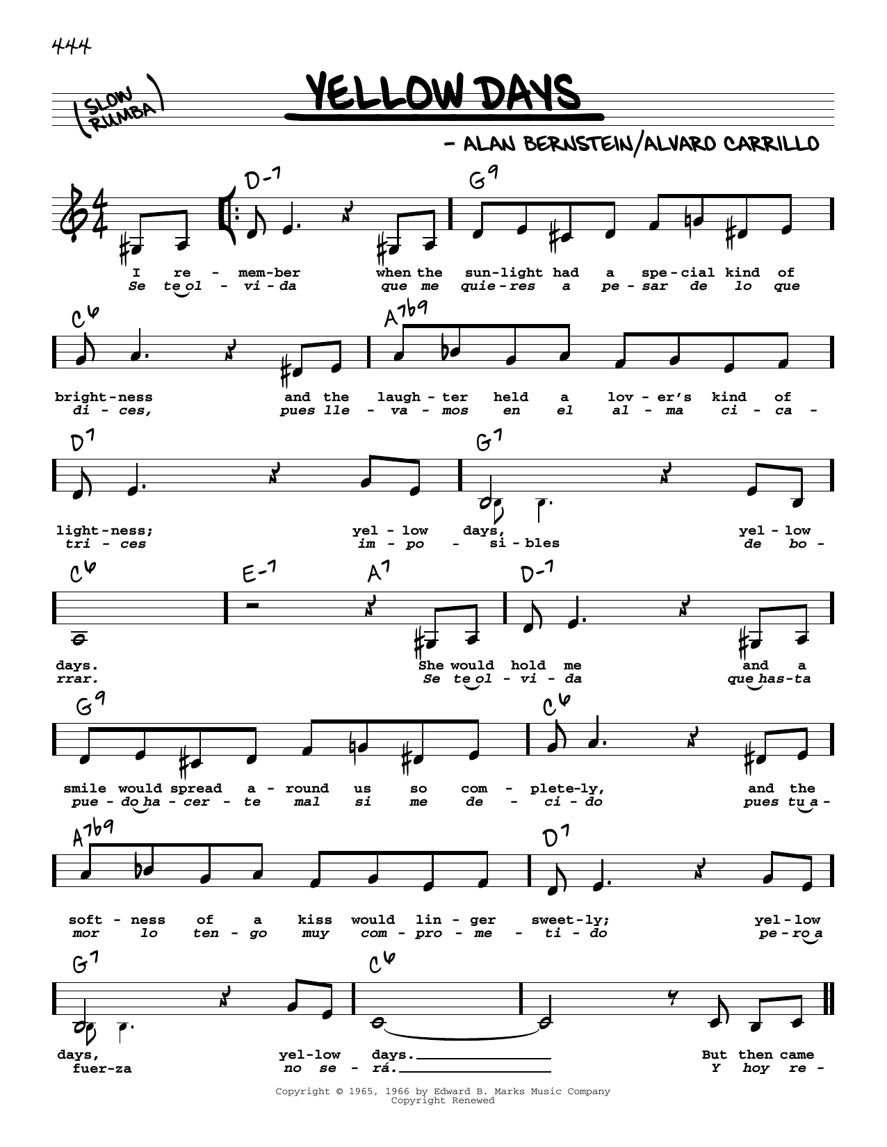 Download Frank Sinatra Yellow Days (Low Voice) Sheet Music and learn how to play Real Book – Melody, Lyrics & Chords PDF digital score in minutes