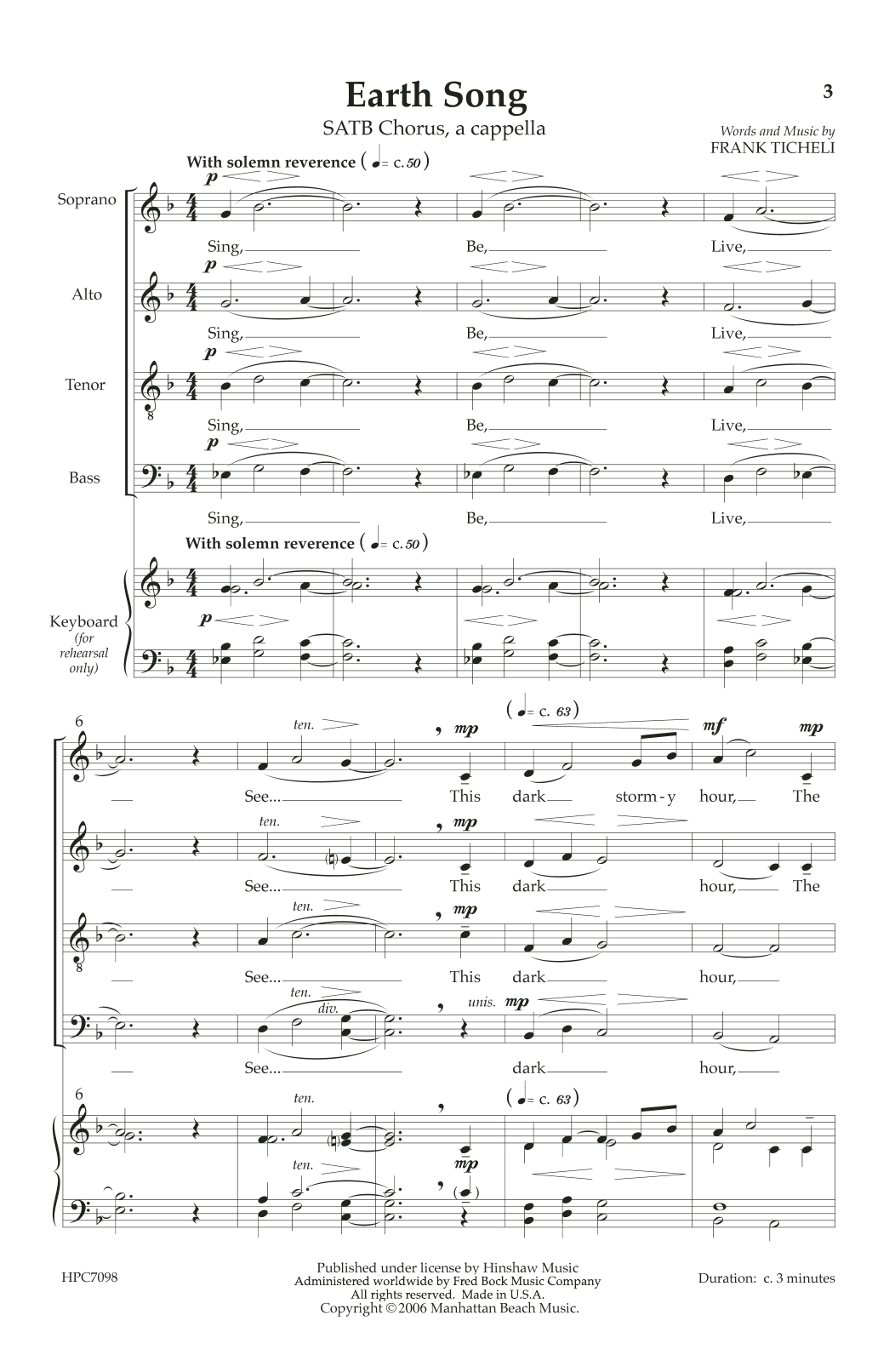 Download Frank Ticheli Earth Song Sheet Music and learn how to play SATB Choir PDF digital score in minutes