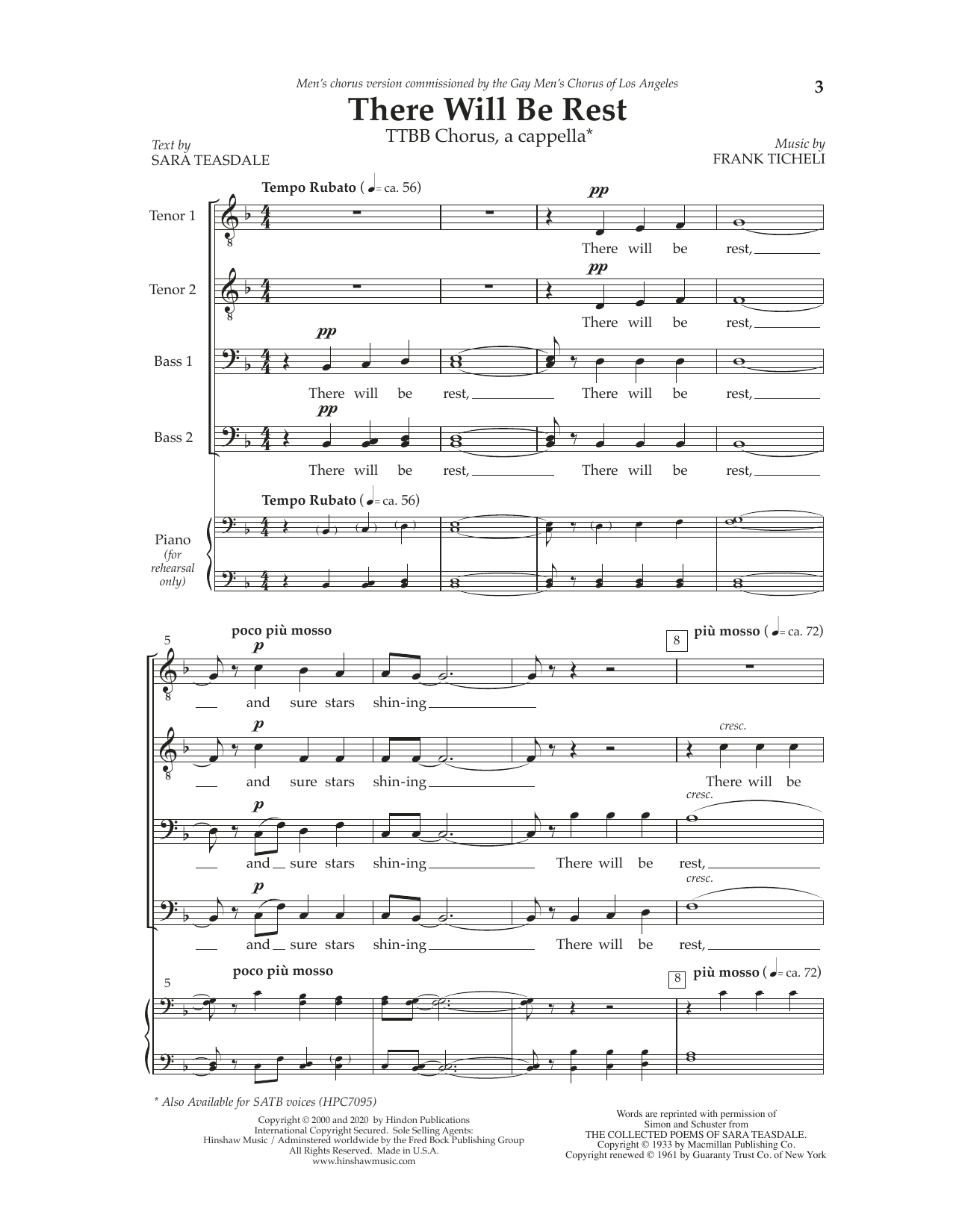 Download Frank Ticheli There Will Be Rest Sheet Music and learn how to play TTBB Choir PDF digital score in minutes