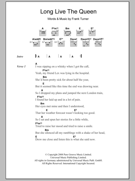 Download Frank Turner Long Live The Queen Sheet Music and learn how to play Lyrics & Chords PDF digital score in minutes