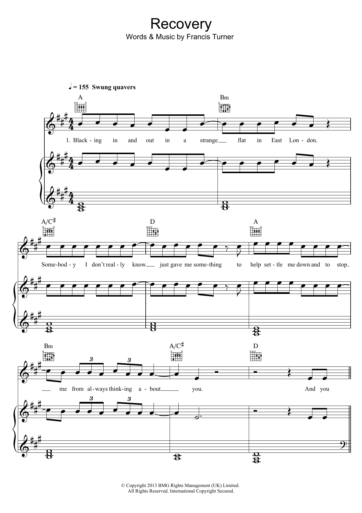 Download Frank Turner Recovery Sheet Music and learn how to play Piano, Vocal & Guitar (Right-Hand Melody) PDF digital score in minutes
