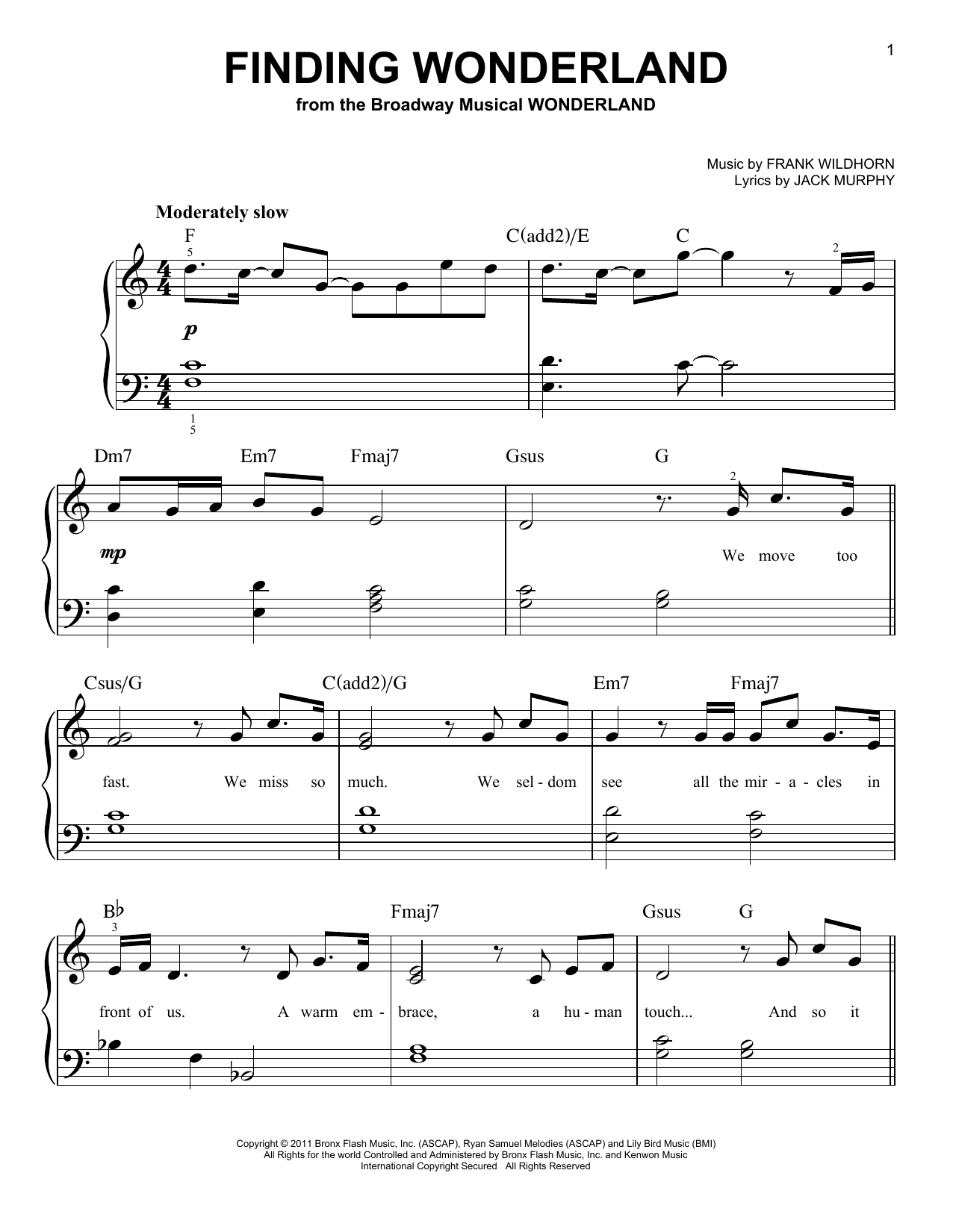Download Frank Wildhorn Finding Wonderland (from Wonderland) Sheet Music and learn how to play Very Easy Piano PDF digital score in minutes
