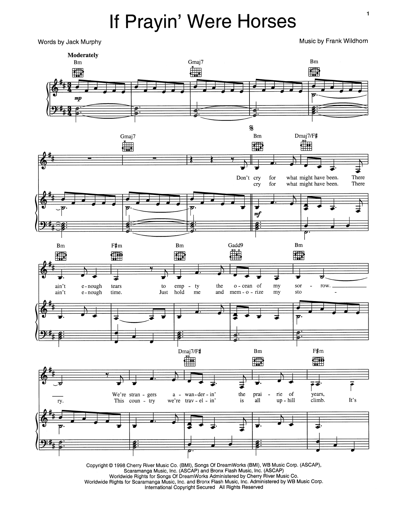 Download Frank Wildhorn If Prayin' Were Horses Sheet Music and learn how to play Piano, Vocal & Guitar (Right-Hand Melody) PDF digital score in minutes
