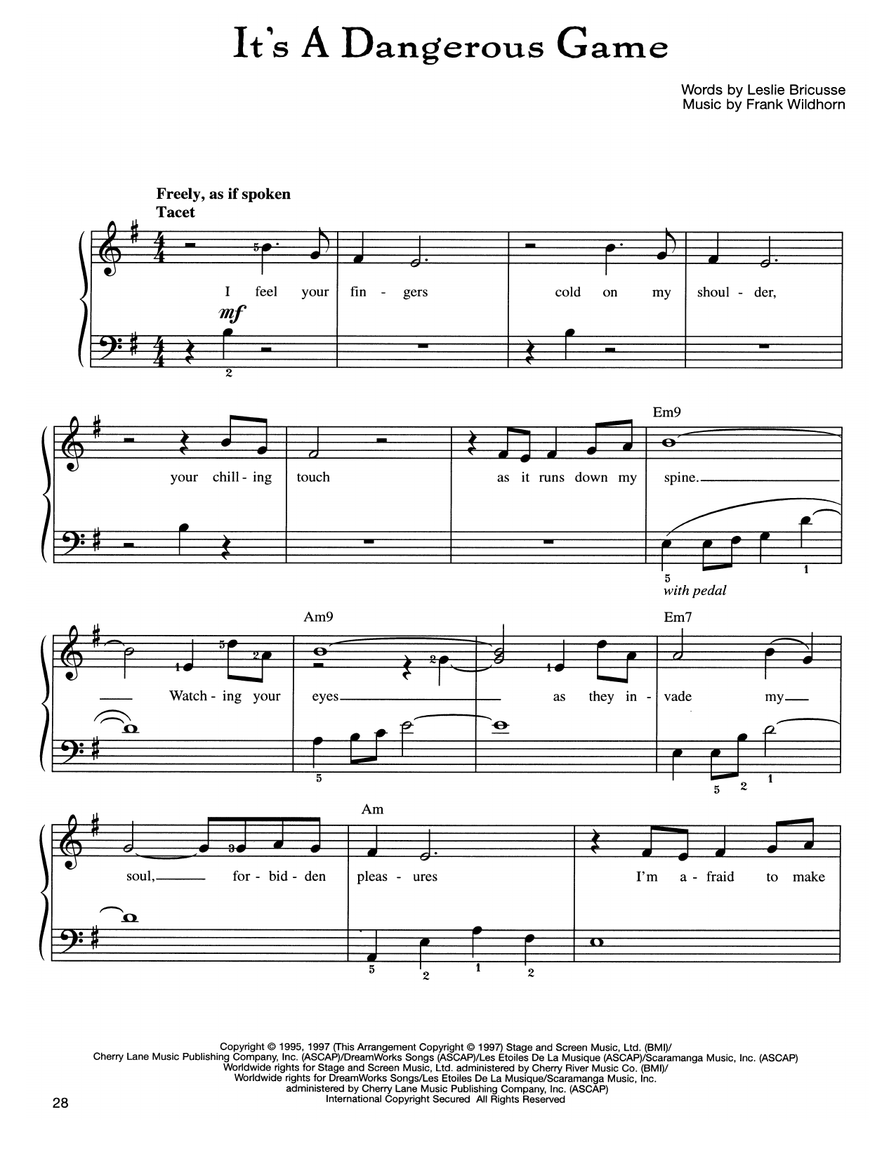 Download Frank Wildhorn It's A Dangerous Game Sheet Music and learn how to play Easy Piano PDF digital score in minutes
