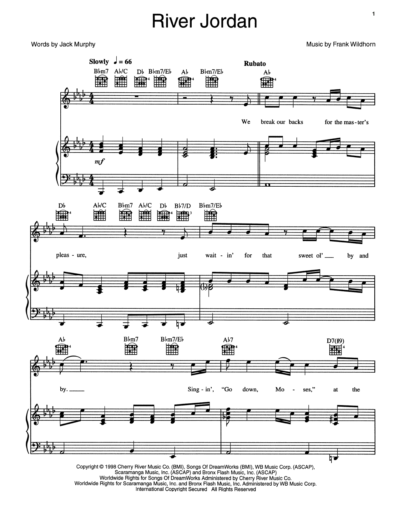 Download Frank Wildhorn River Jordan Sheet Music and learn how to play Piano, Vocal & Guitar (Right-Hand Melody) PDF digital score in minutes