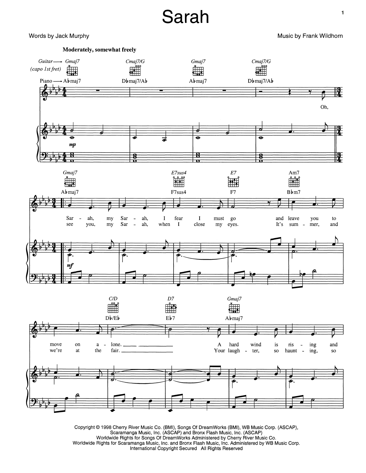 Download Frank Wildhorn Sarah Sheet Music and learn how to play Piano, Vocal & Guitar (Right-Hand Melody) PDF digital score in minutes