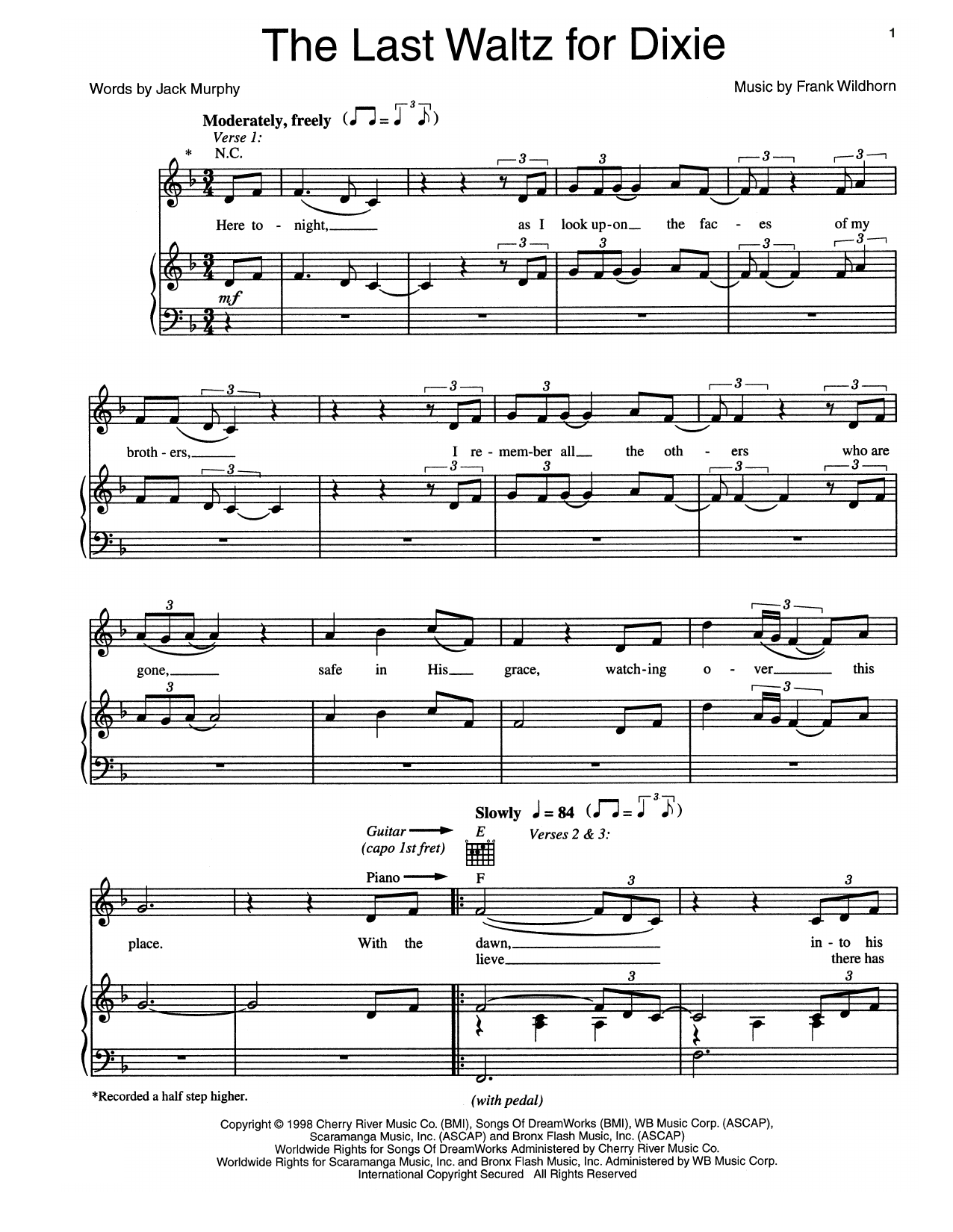 Download Frank Wildhorn The Last Waltz For Dixie Sheet Music and learn how to play Piano, Vocal & Guitar (Right-Hand Melody) PDF digital score in minutes