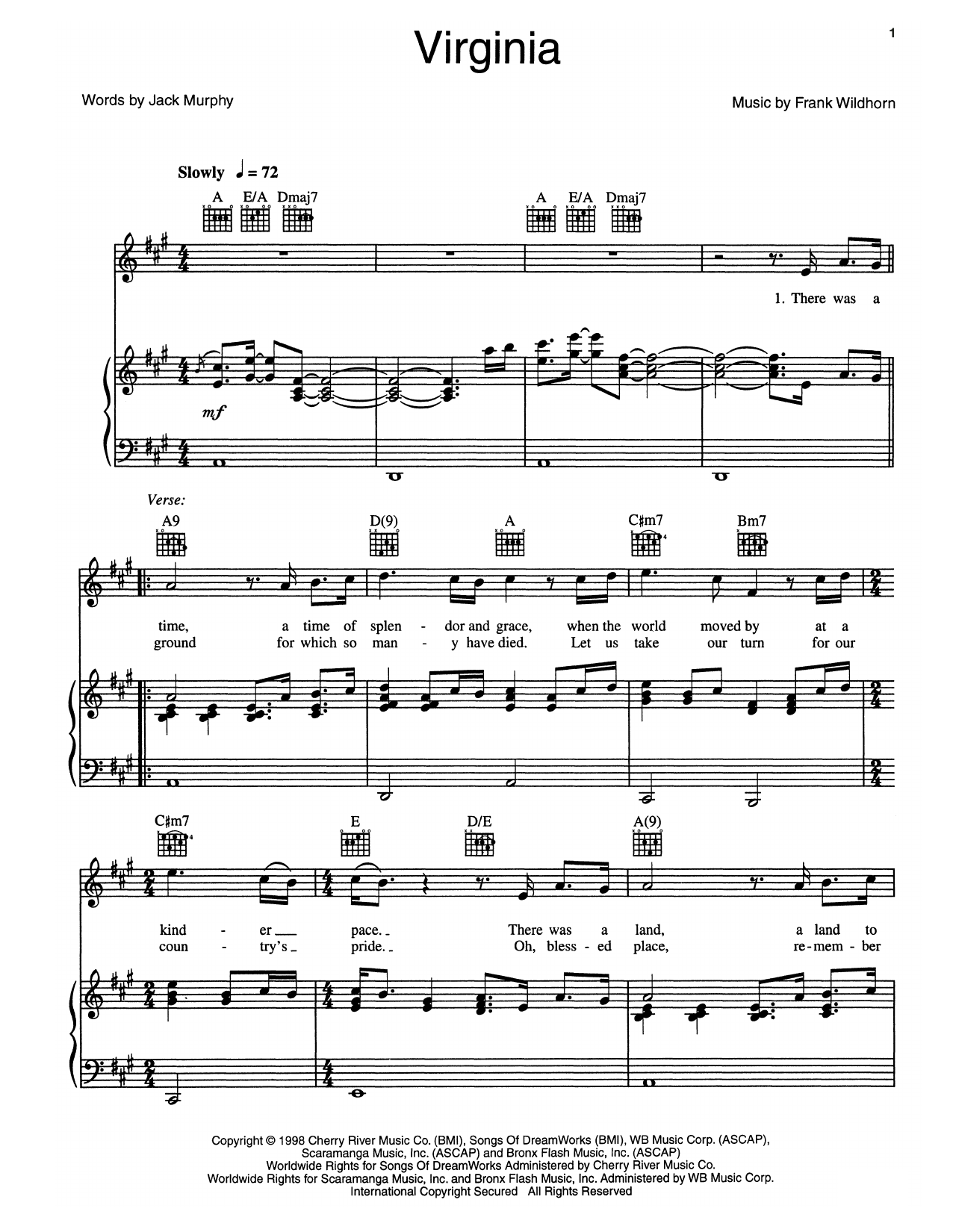 Download Frank Wildhorn Virginia Sheet Music and learn how to play Piano, Vocal & Guitar (Right-Hand Melody) PDF digital score in minutes