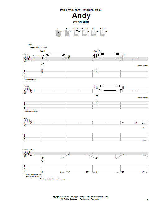 Download Frank Zappa Andy Sheet Music and learn how to play Guitar Tab PDF digital score in minutes