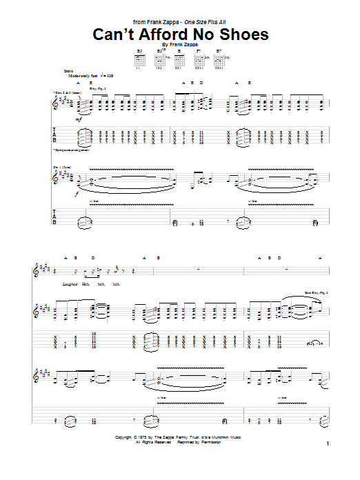 Download Frank Zappa Can't Afford No Shoes Sheet Music and learn how to play Guitar Tab PDF digital score in minutes
