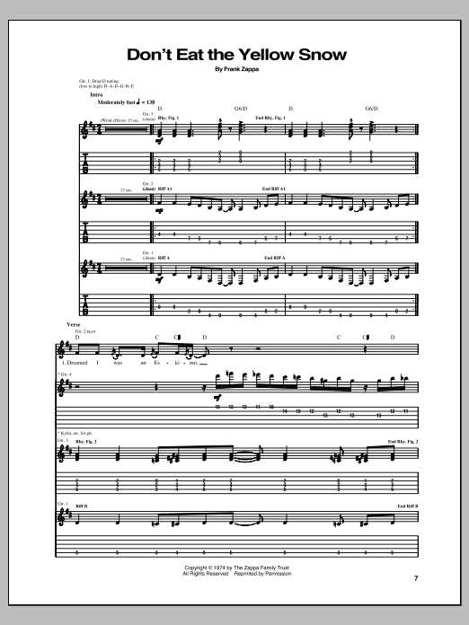 Download Frank Zappa Don't Eat The Yellow Snow Sheet Music and learn how to play Guitar Tab PDF digital score in minutes