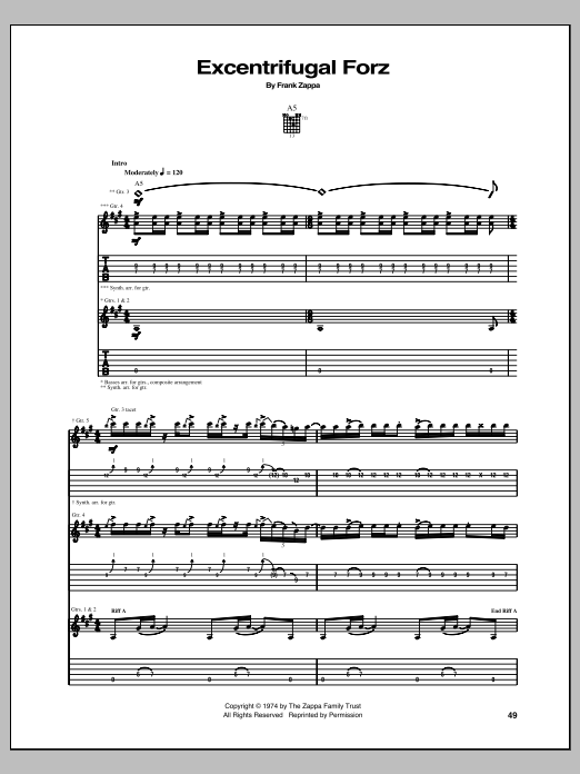 Download Frank Zappa Excentrifugal Forz Sheet Music and learn how to play Guitar Tab PDF digital score in minutes