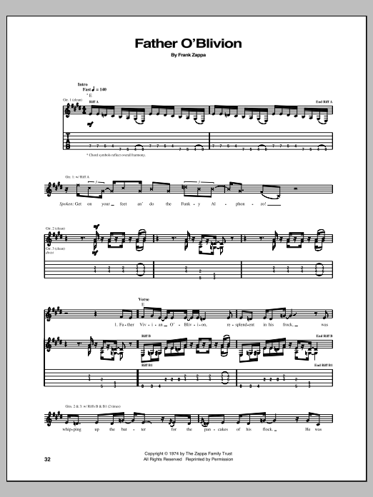 Download Frank Zappa Father O'Blivion Sheet Music and learn how to play Guitar Tab PDF digital score in minutes