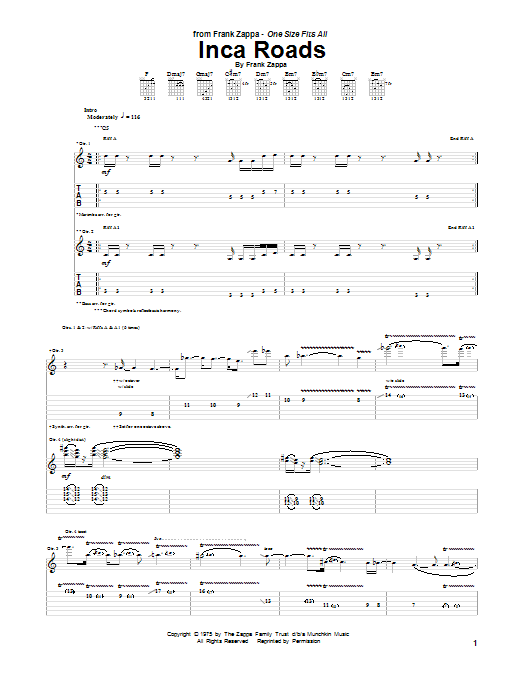 Download Frank Zappa Inca Roads Sheet Music and learn how to play Guitar Tab PDF digital score in minutes