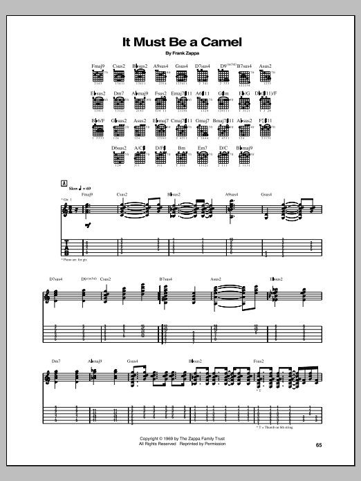 Download Frank Zappa It Must Be A Camel Sheet Music and learn how to play Guitar Tab PDF digital score in minutes