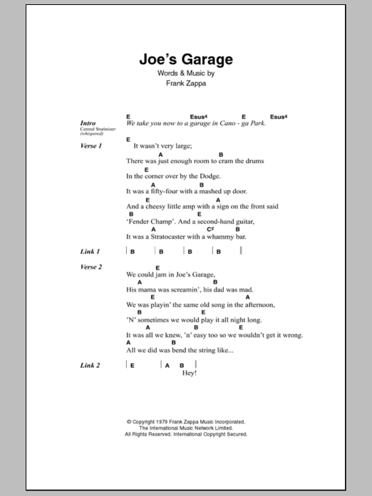 Download Frank Zappa Joe's Garage Sheet Music and learn how to play Lyrics & Chords PDF digital score in minutes