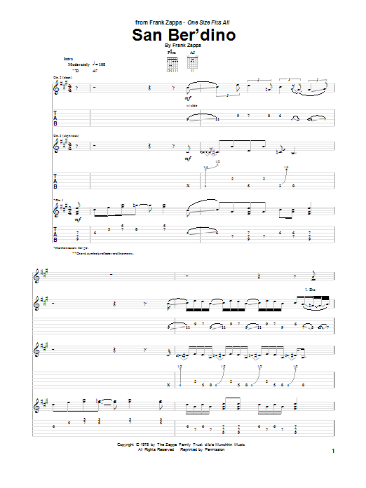 Download Frank Zappa San Ber'dino Sheet Music and learn how to play Guitar Tab PDF digital score in minutes
