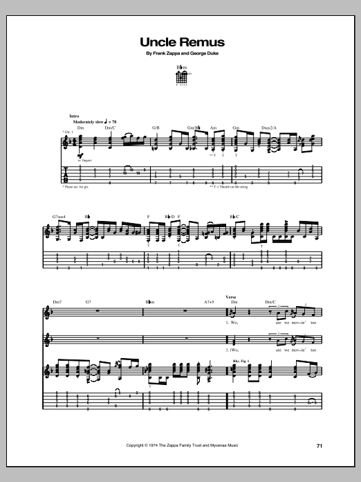 Download Frank Zappa Uncle Remus Sheet Music and learn how to play Guitar Tab PDF digital score in minutes