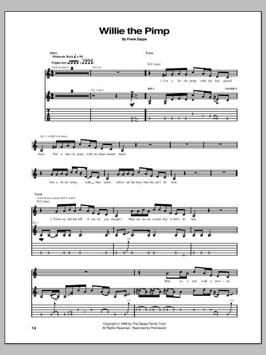 Download Frank Zappa Willie The Pimp Sheet Music and learn how to play Guitar Tab PDF digital score in minutes