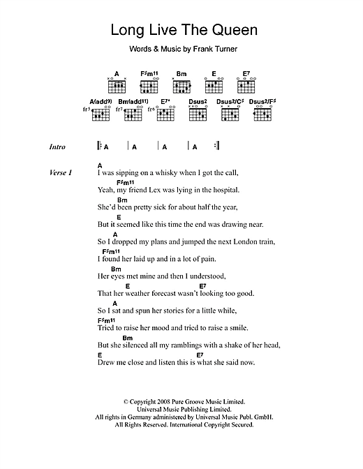 Download Frank Turner Long Live The Queen Sheet Music and learn how to play Lyrics & Chords PDF digital score in minutes