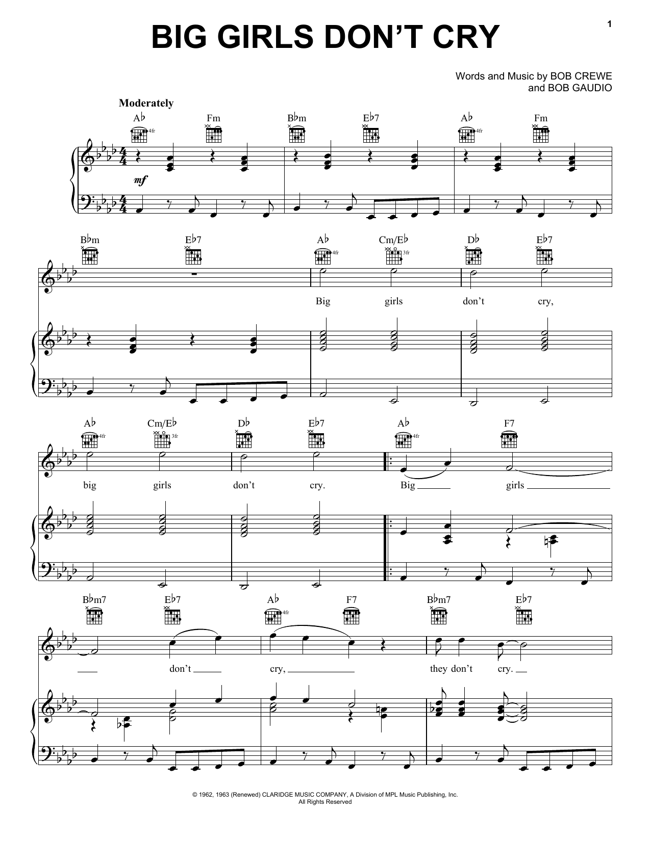 Download Frankie Valli & The Four Seasons Big Girls Don't Cry Sheet Music and learn how to play Piano, Vocal & Guitar (Right-Hand Melody) PDF digital score in minutes