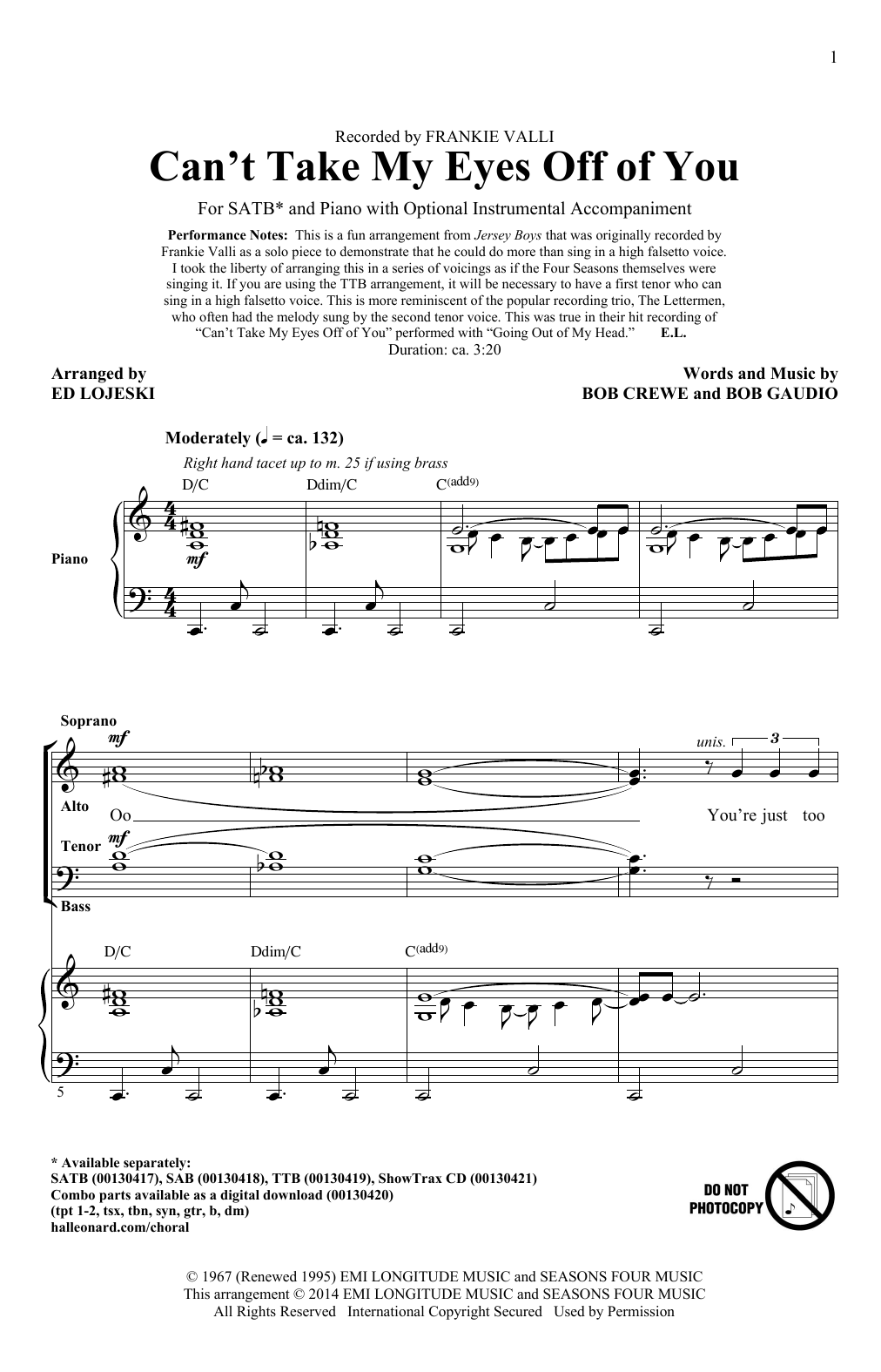 Download Frankie Valli Can't Take My Eyes Off Of You (arr. Ed Lojeski) Sheet Music and learn how to play SATB PDF digital score in minutes