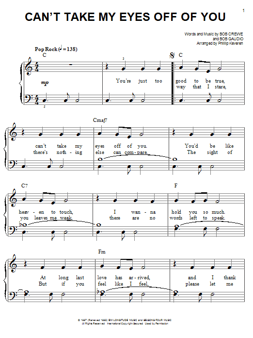 Download Frankie Valli & The Four Seasons Can't Take My Eyes Off Of You Sheet Music and learn how to play Easy Piano PDF digital score in minutes