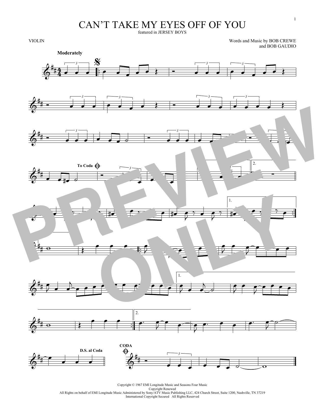 Download The Four Seasons Can't Take My Eyes Off Of You Sheet Music and learn how to play Easy Piano PDF digital score in minutes