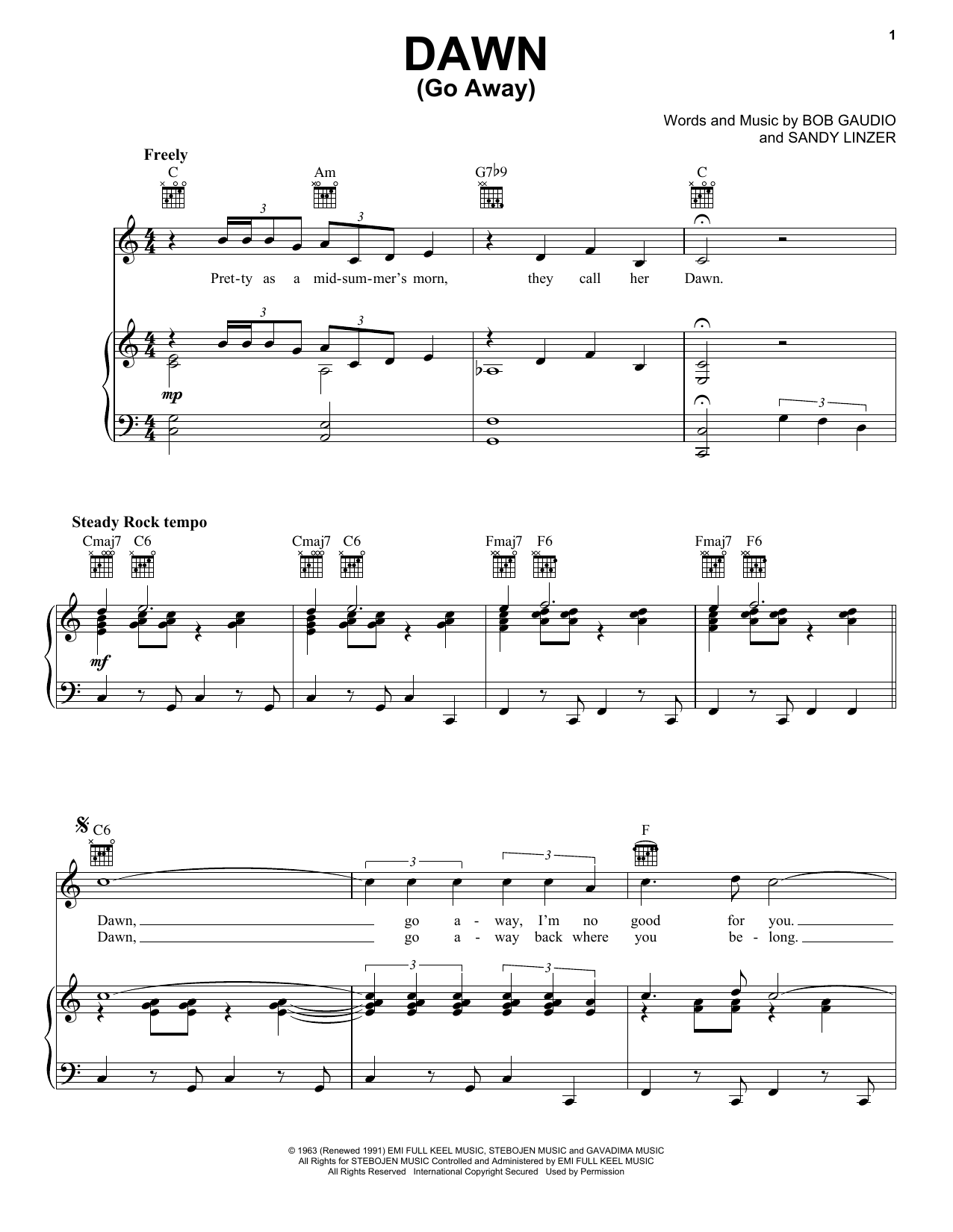 Download Franki Valli & The Four Seasons Dawn (Go Away) Sheet Music and learn how to play Piano, Vocal & Guitar Chords (Right-Hand Melody) PDF digital score in minutes