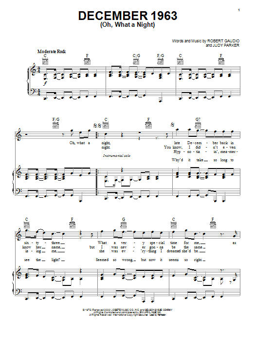 Download Frankie Valli & The Four Seasons December 1963 (Oh, What A Night) Sheet Music and learn how to play Piano, Vocal & Guitar (Right-Hand Melody) PDF digital score in minutes