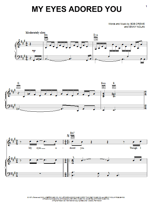 Download Frankie Valli & The Four Seasons My Eyes Adored You Sheet Music and learn how to play Piano, Vocal & Guitar (Right-Hand Melody) PDF digital score in minutes