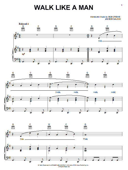Download Frankie Valli & The Four Seasons Walk Like A Man Sheet Music and learn how to play Piano, Vocal & Guitar (Right-Hand Melody) PDF digital score in minutes