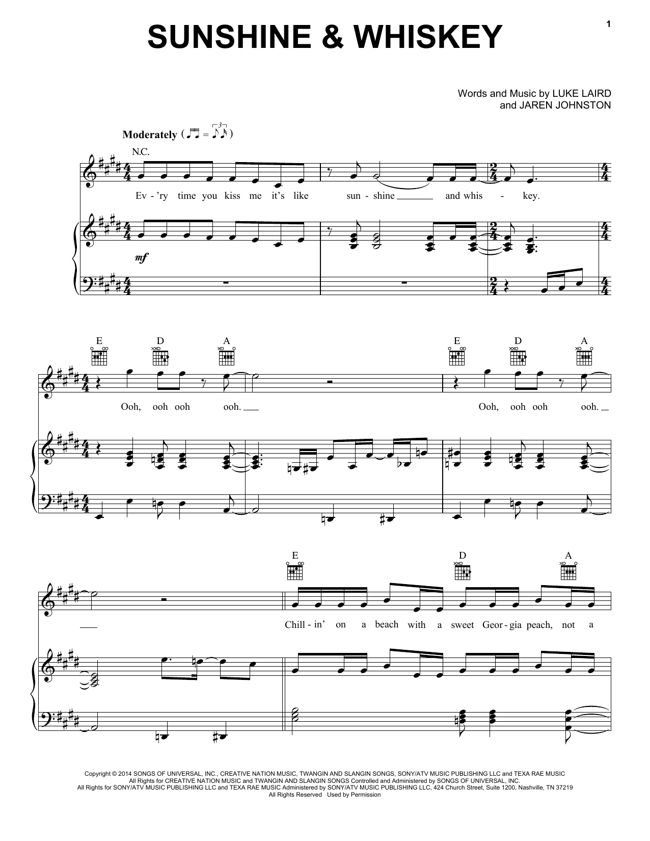 Download Frankie Ballard Sunshine & Whiskey Sheet Music and learn how to play Piano, Vocal & Guitar (Right-Hand Melody) PDF digital score in minutes