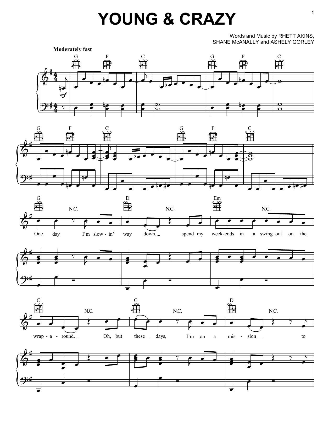 Download Frankie Ballard Young & Crazy Sheet Music and learn how to play Piano, Vocal & Guitar (Right-Hand Melody) PDF digital score in minutes