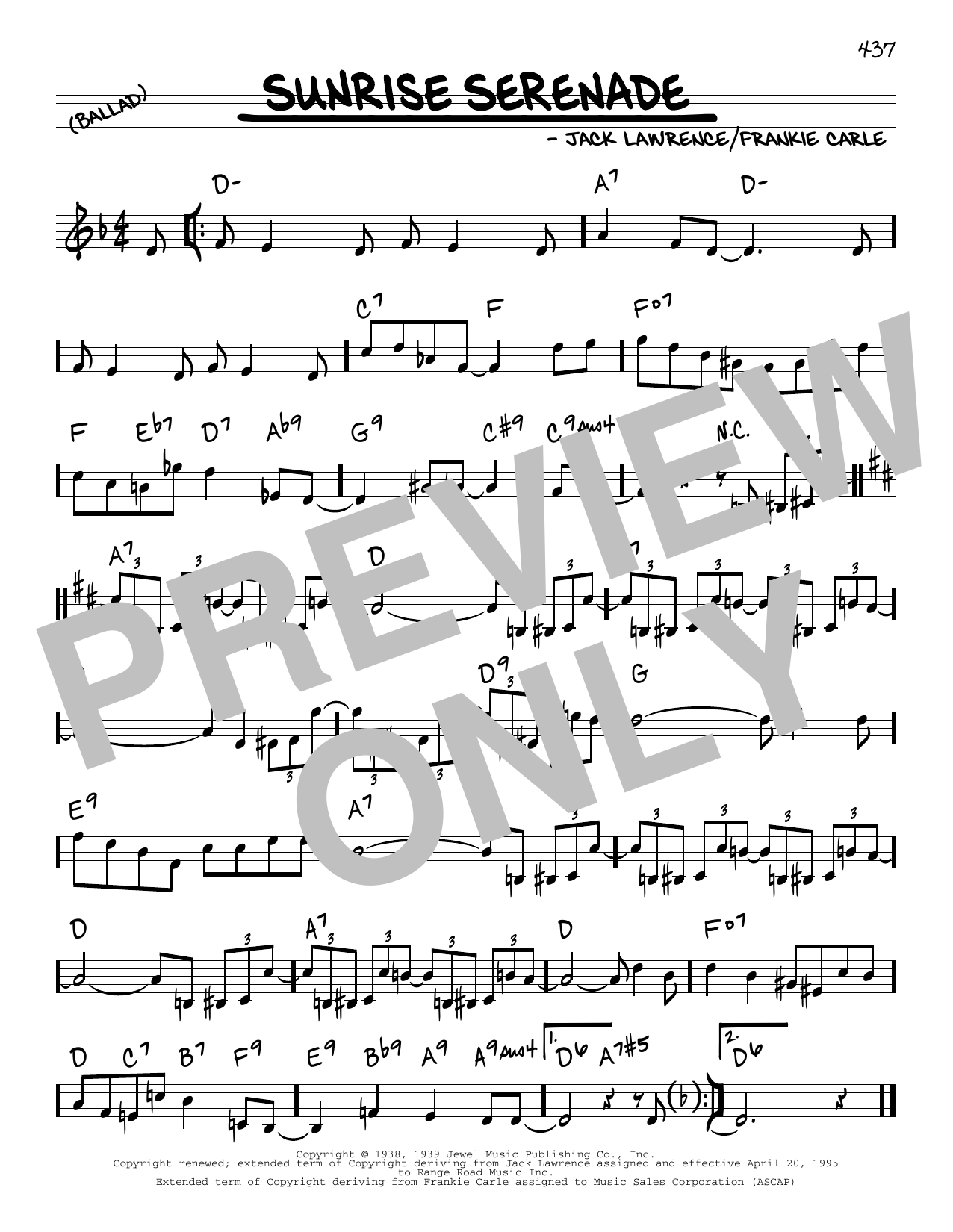Download Frankie Carle and Jack Lawrence Sunrise Serenade Sheet Music and learn how to play Real Book – Melody & Chords PDF digital score in minutes